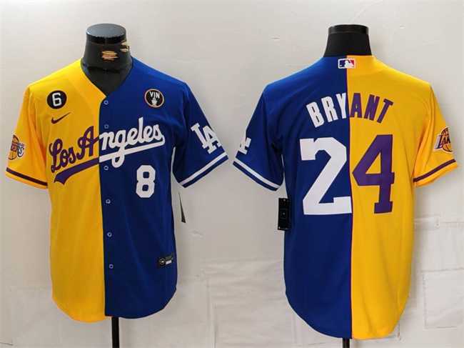 Mens Los Angeles Lakers & Dodgers Front #8 Back #24 Kobe Bryant Gold Blue Split With Patch Stitched Jersey